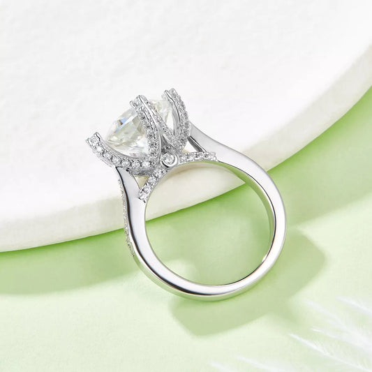 Diagonal cushion moissanite engagement ring with pavé band and gift-ready shine