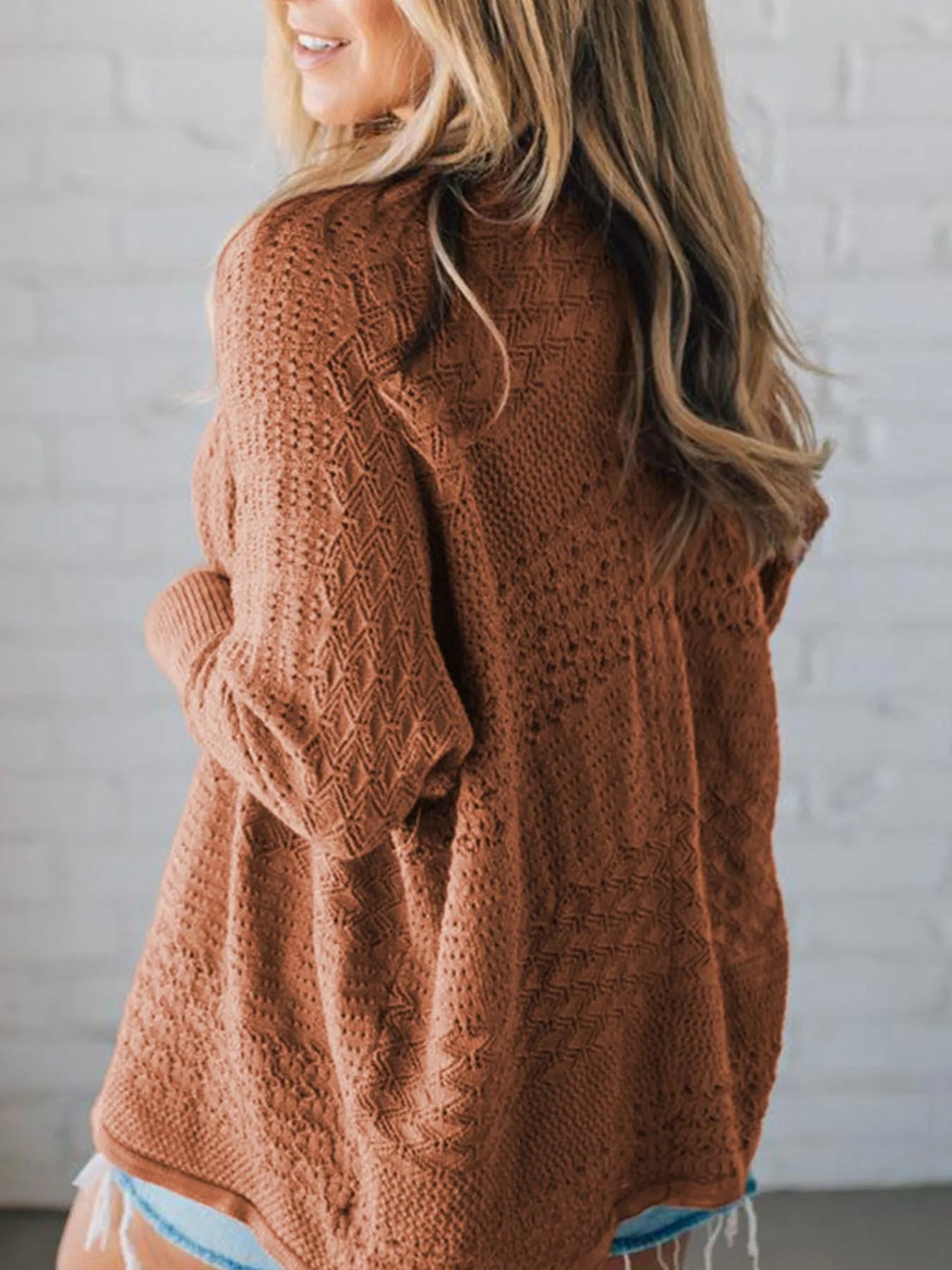 Autumn Breeze Eyelet Cardigan in caramel – open front knit sweater with delicate eyelet details.