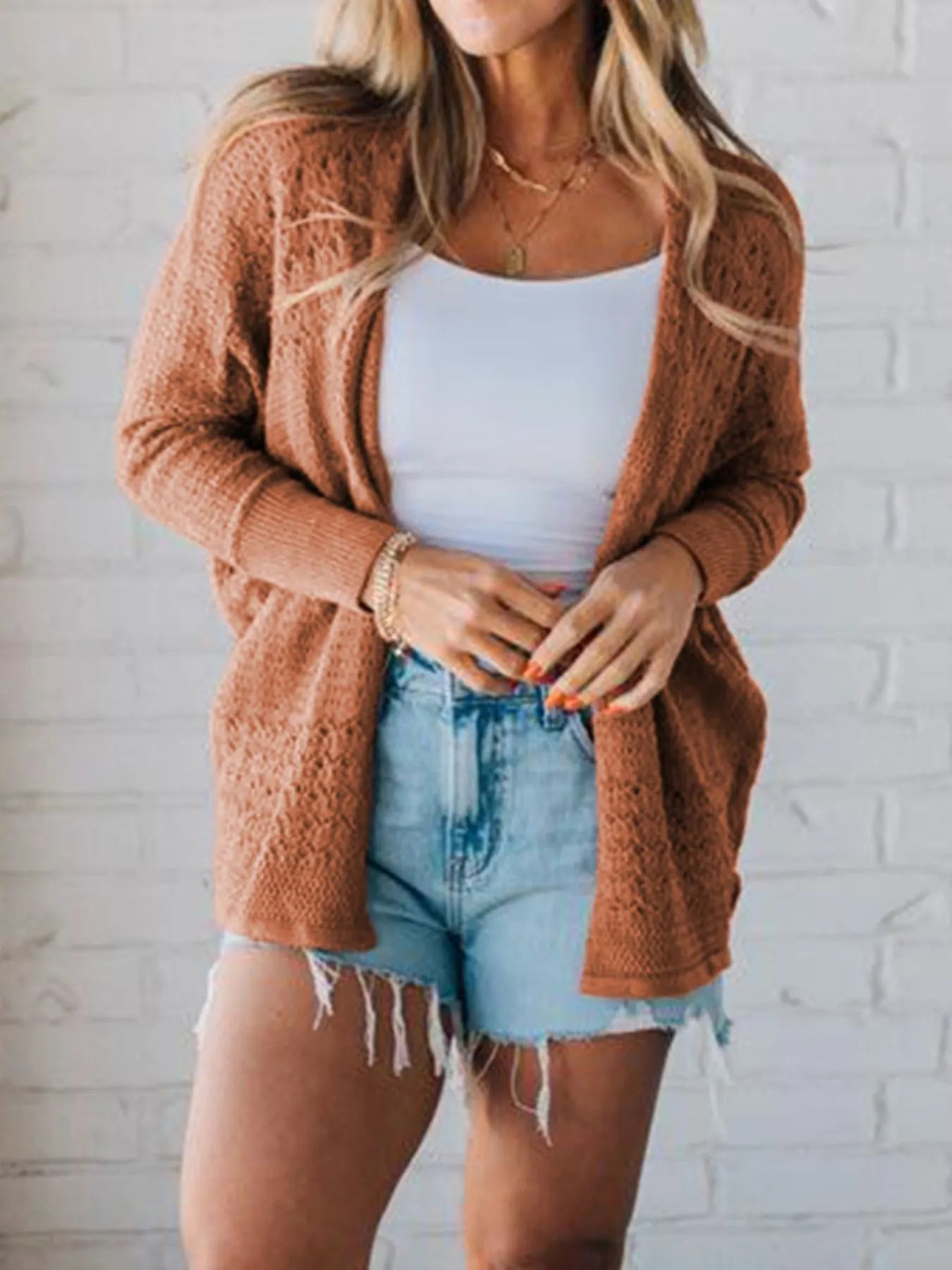Autumn Breeze Eyelet Cardigan in caramel – open front knit sweater with delicate eyelet details.