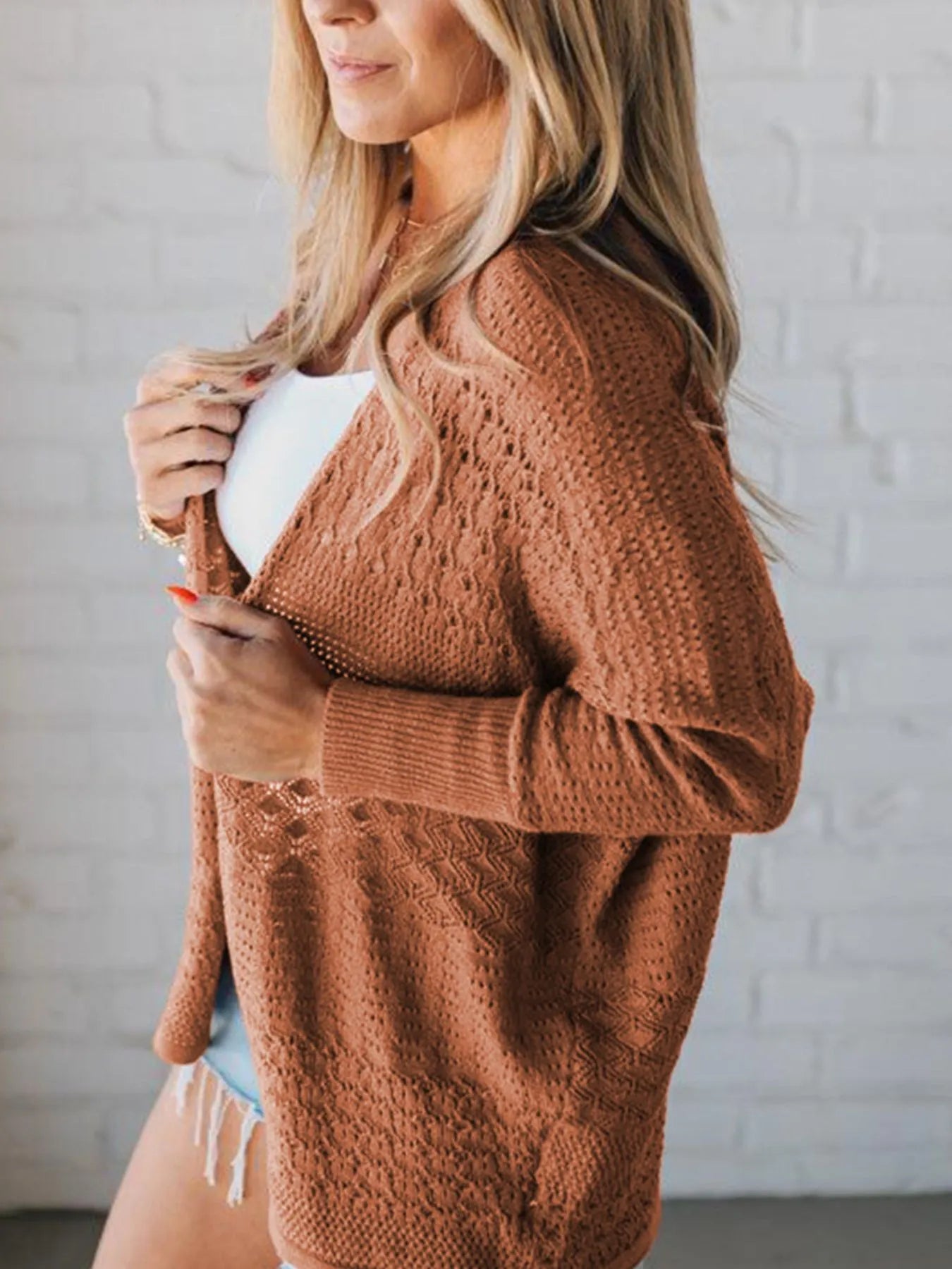 Autumn Breeze Eyelet Cardigan in caramel – open front knit sweater with delicate eyelet details.