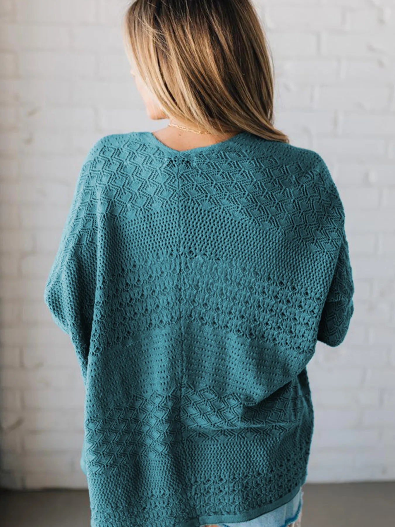 Autumn Breeze Eyelet Cardigan in teal – cozy open front cardigan with eyelet knit design.