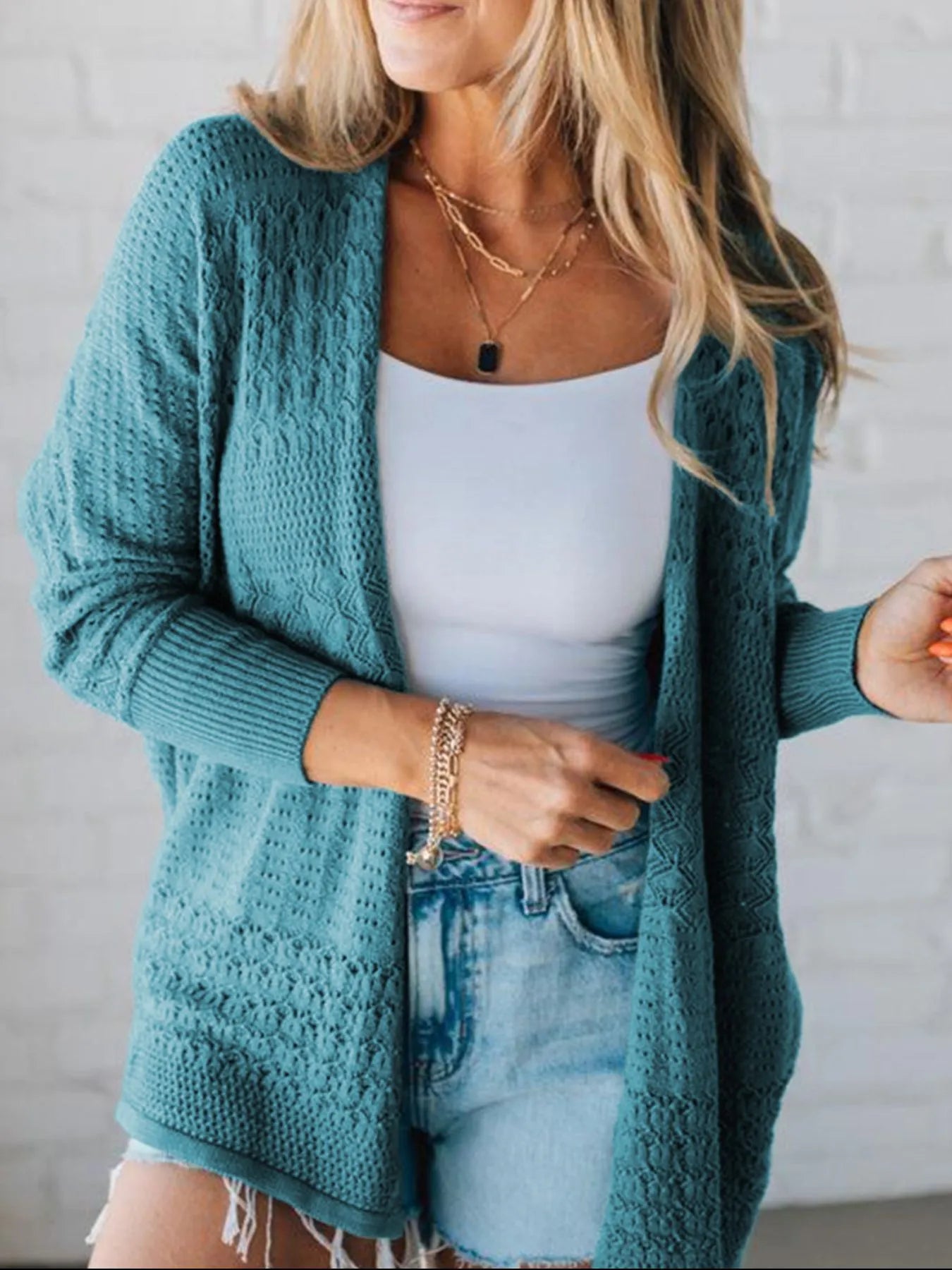 Autumn Breeze Eyelet Cardigan in teal – cozy open front cardigan with eyelet knit design.