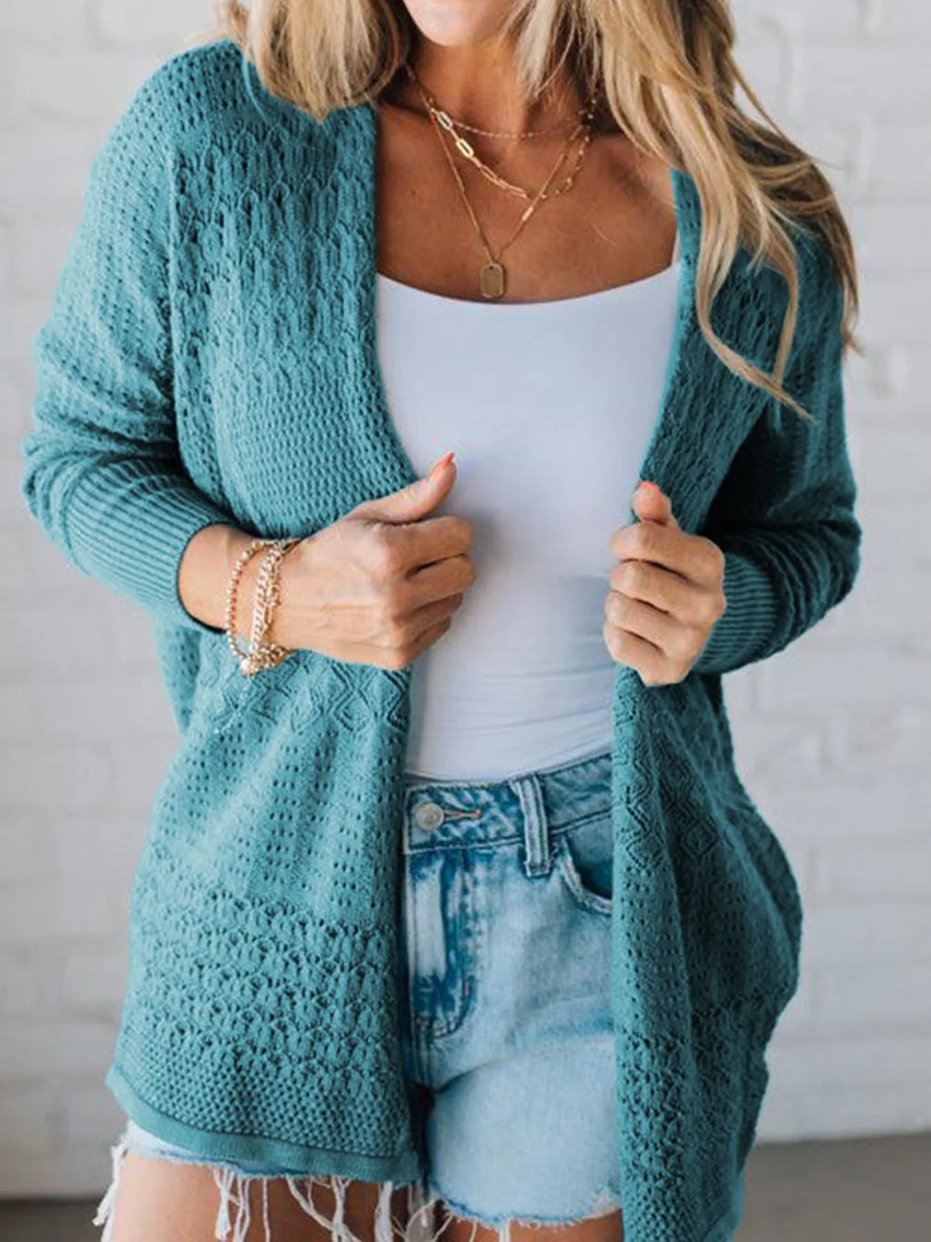 Autumn Breeze Eyelet Cardigan in teal – cozy open front cardigan with eyelet knit design.