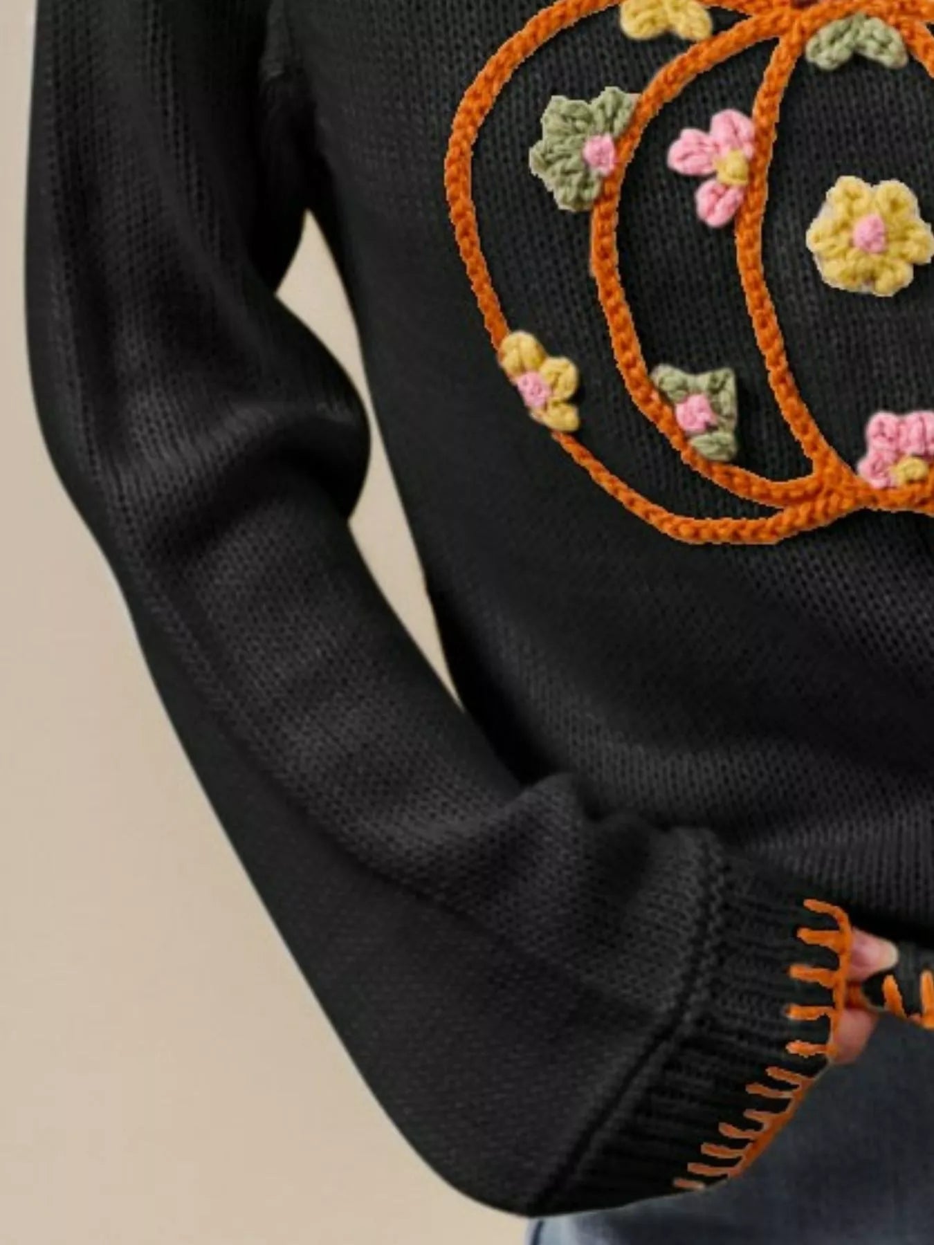 Pumpkin Blossom Sweater – black knit sweater with floral embroidered pumpkin design, cozy fall Thanksgiving sweater.