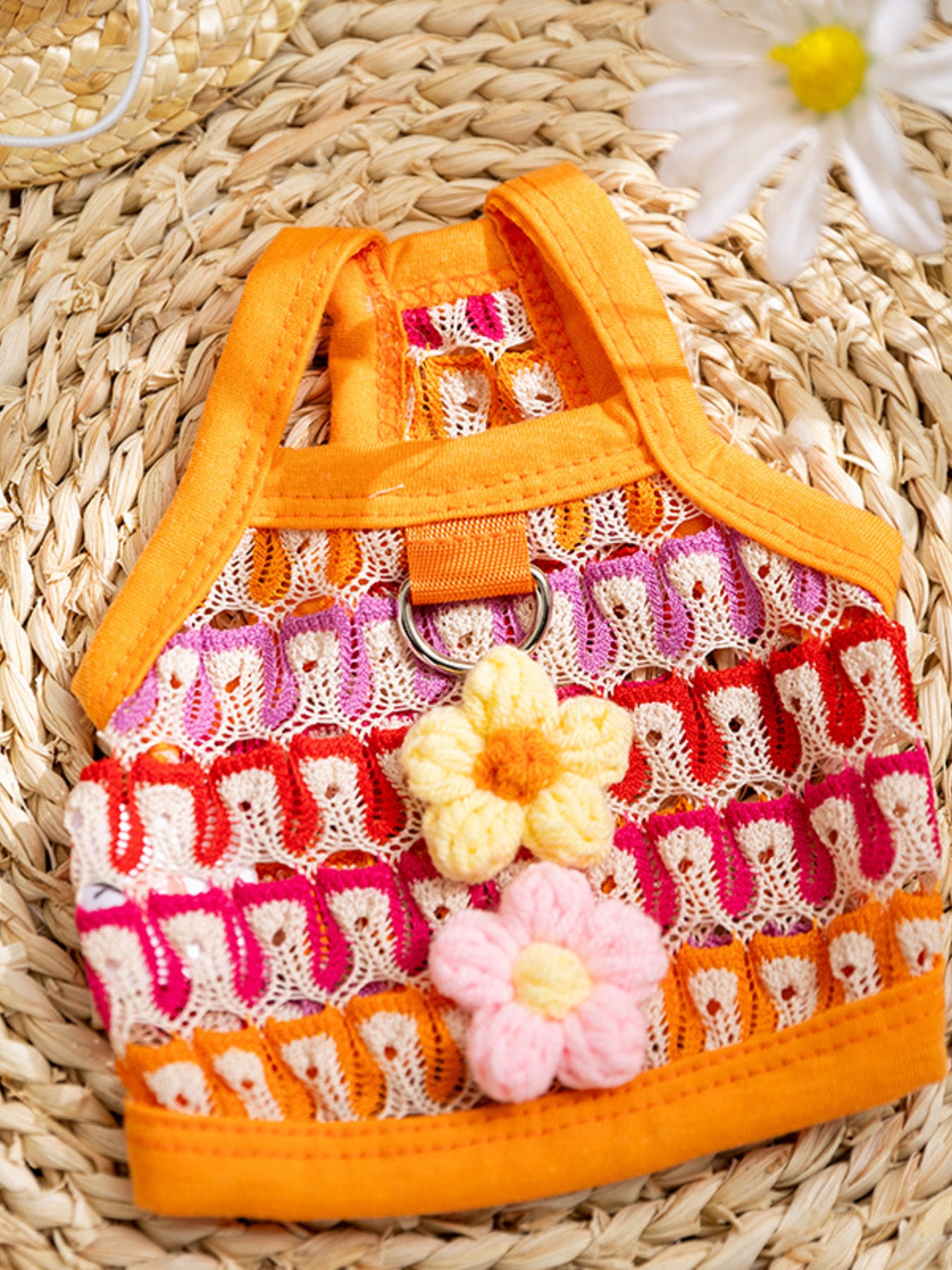Colorful embroidered lace pet harness tops with floral accents for dogs
