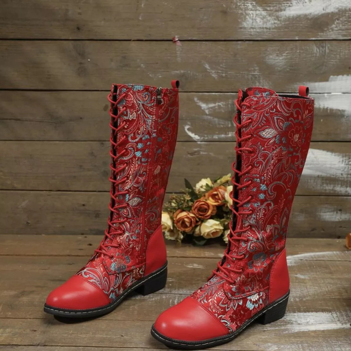 Red lace-up block heel boots with floral accents – Bloomstep style from A Whimsical Affair.