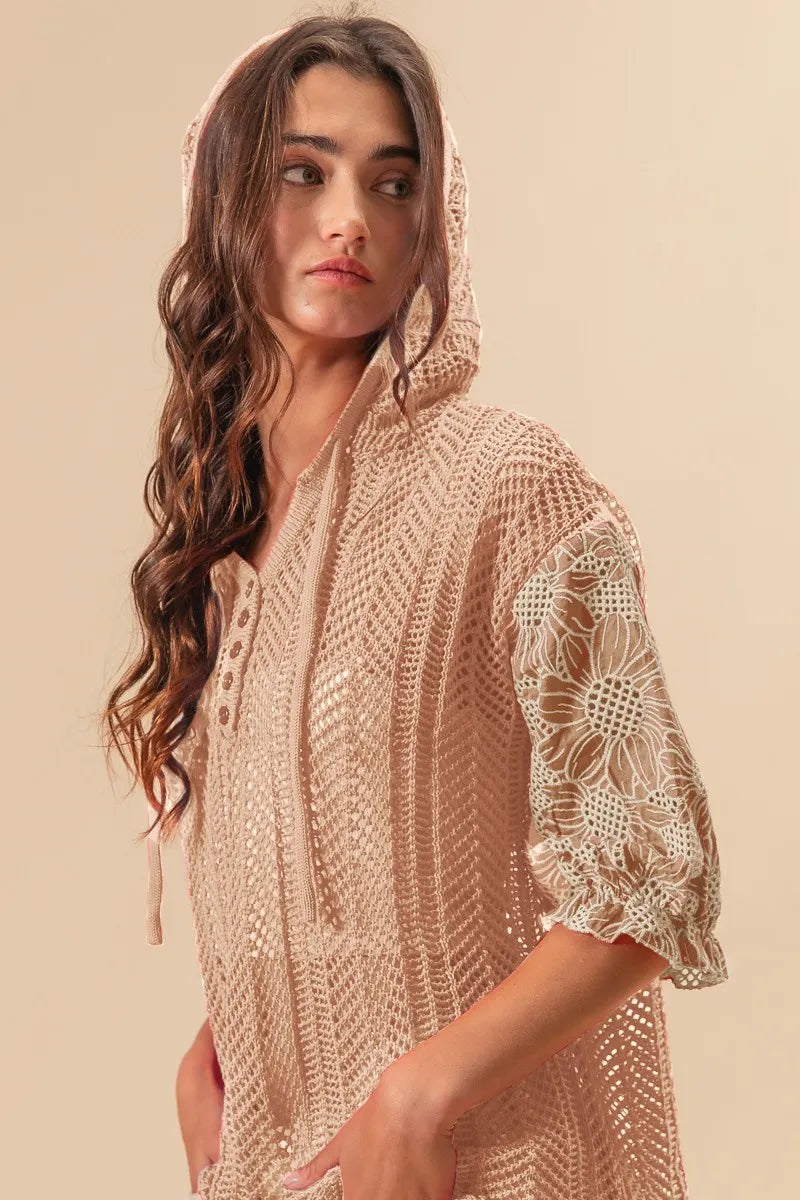 Taupe hooded knit top with jacquard floral pattern, lace accents, and puff sleeves – Blossom Haven style from A Whimsical Affair.