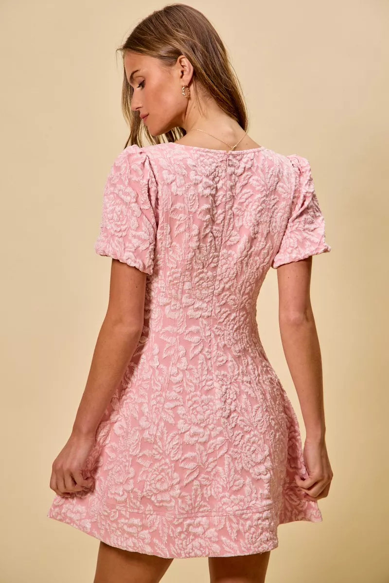 Pink floral jacquard fit and flare mini dress with short sleeves