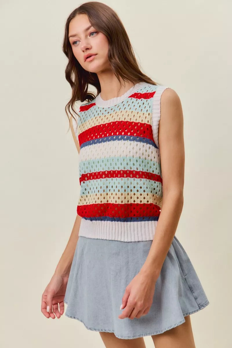 Colorful striped sleeveless openwork knit tank top with ribbed trim and a slightly stretchy relaxed fit.