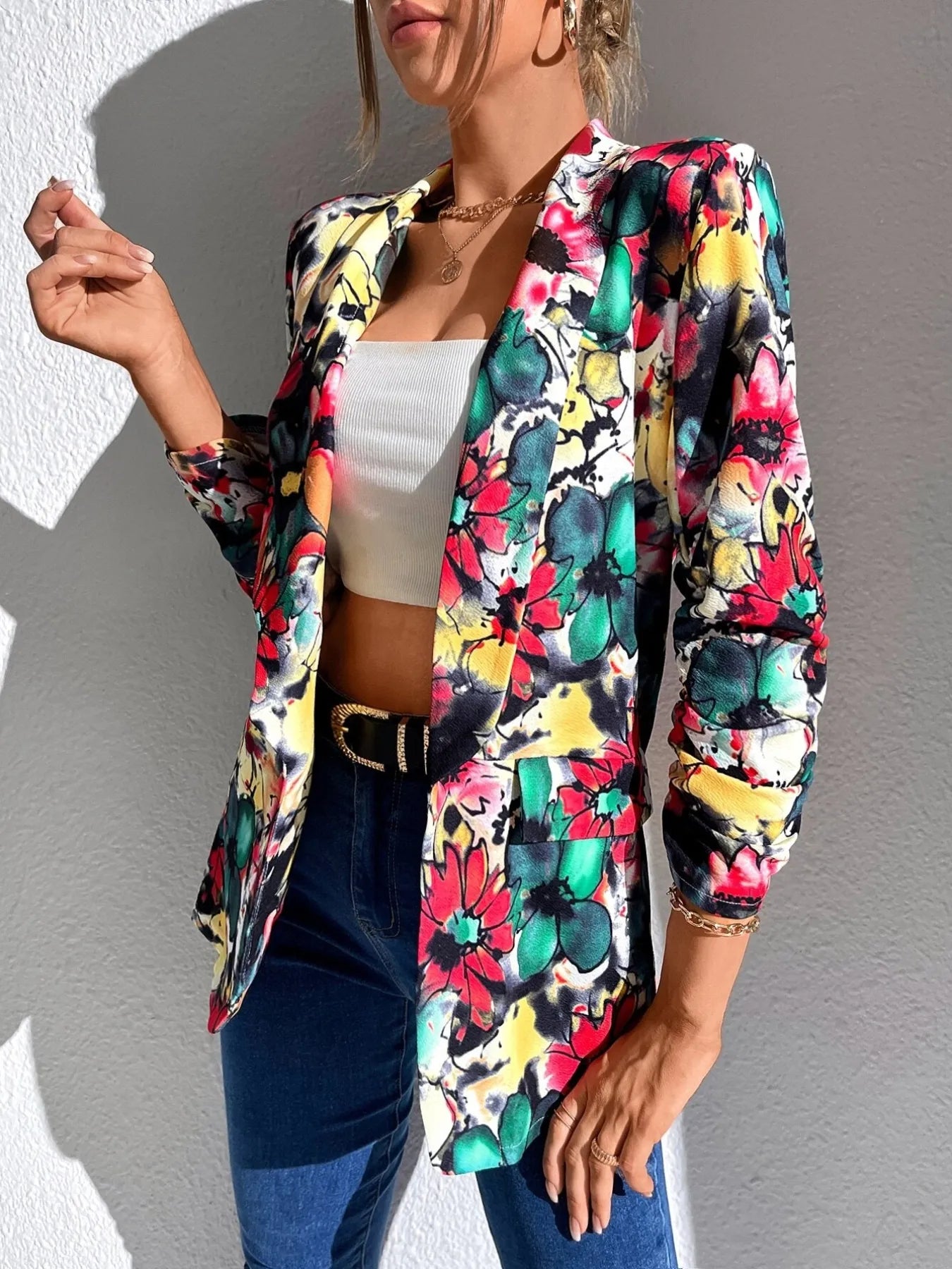 Botanical Burst Blazer – vibrant floral print open front jacket from A Whimsical Affair.