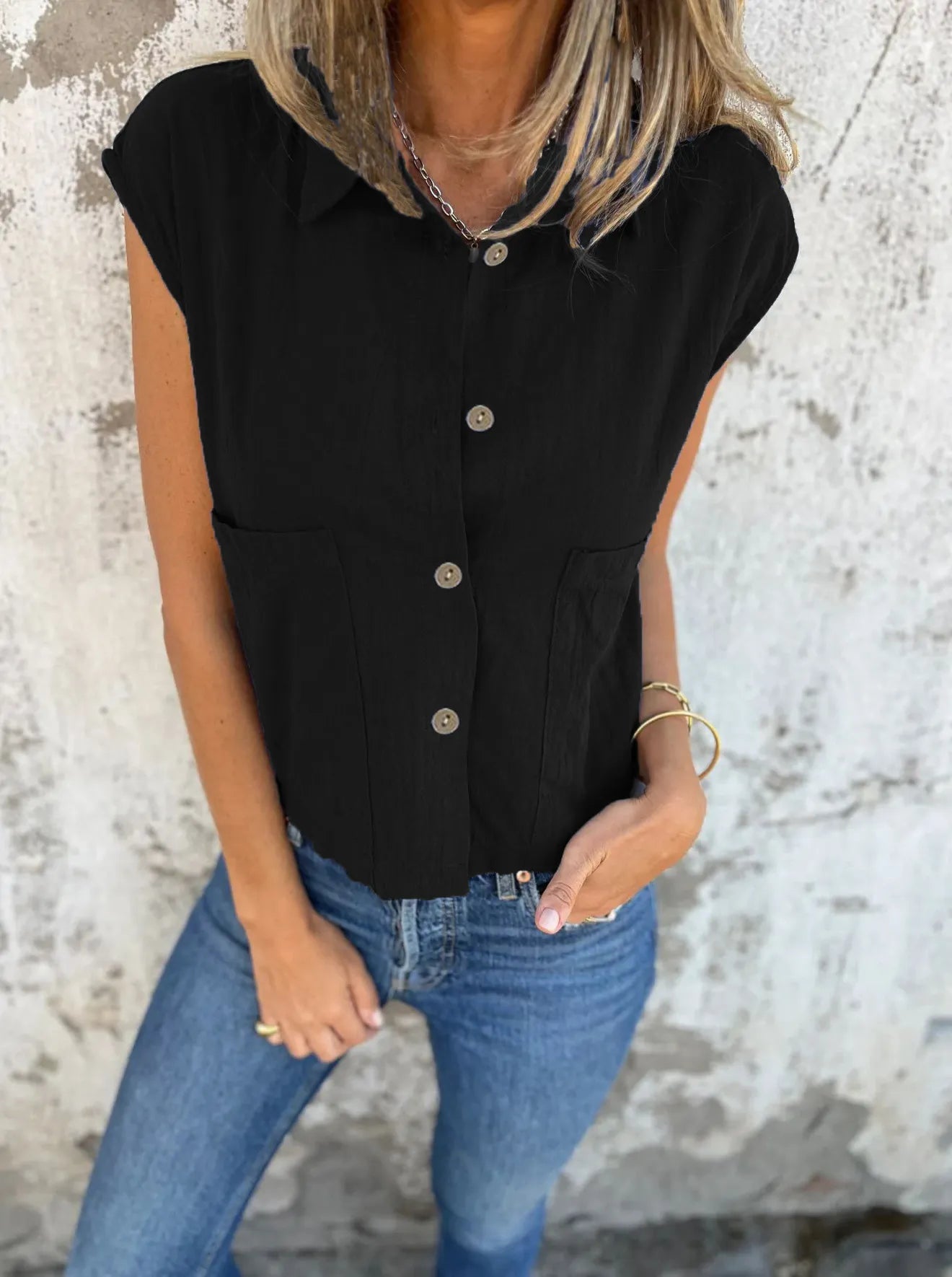 Breezy Linen Cap Sleeve Shirt in black with button-down front, cap sleeves, and pockets.