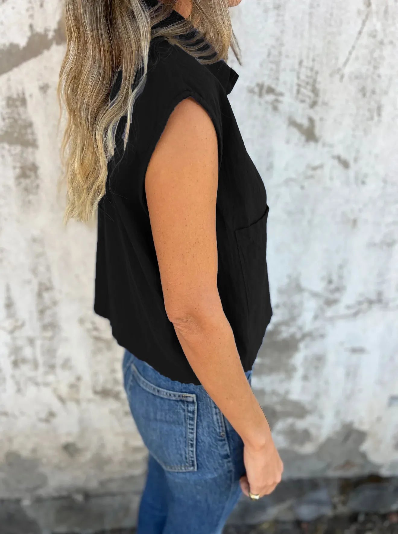 Breezy Linen Cap Sleeve Shirt in black with button-down front, cap sleeves, and pockets.
