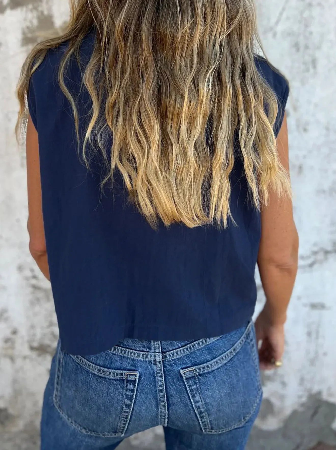 Breezy Linen Cap Sleeve Shirt in blue with button-down front, cap sleeves, and pockets.