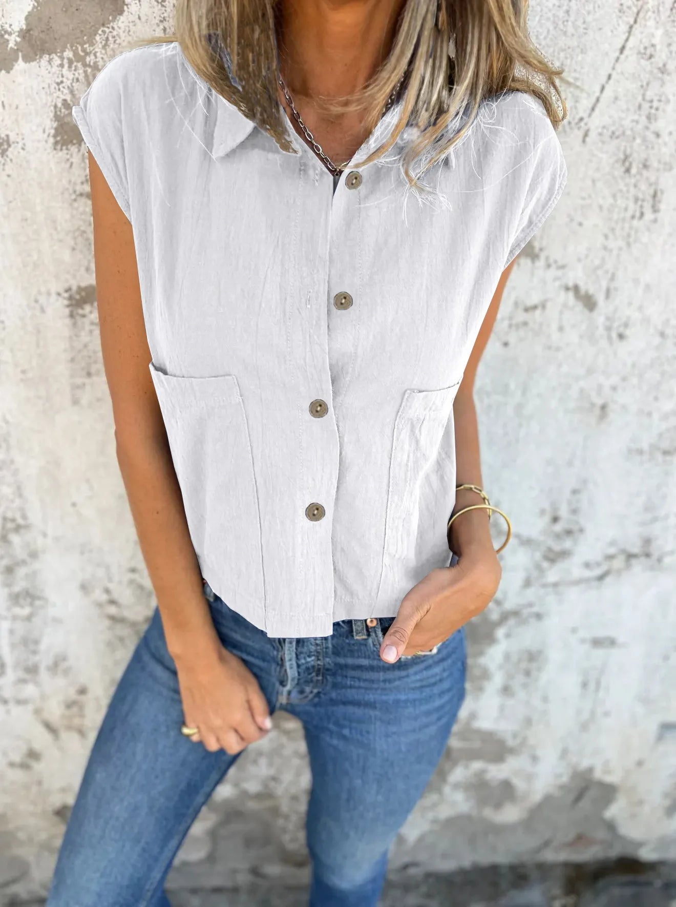 Breezy Linen Cap Sleeve Shirt in white with button-down front, cap sleeves, and pockets.