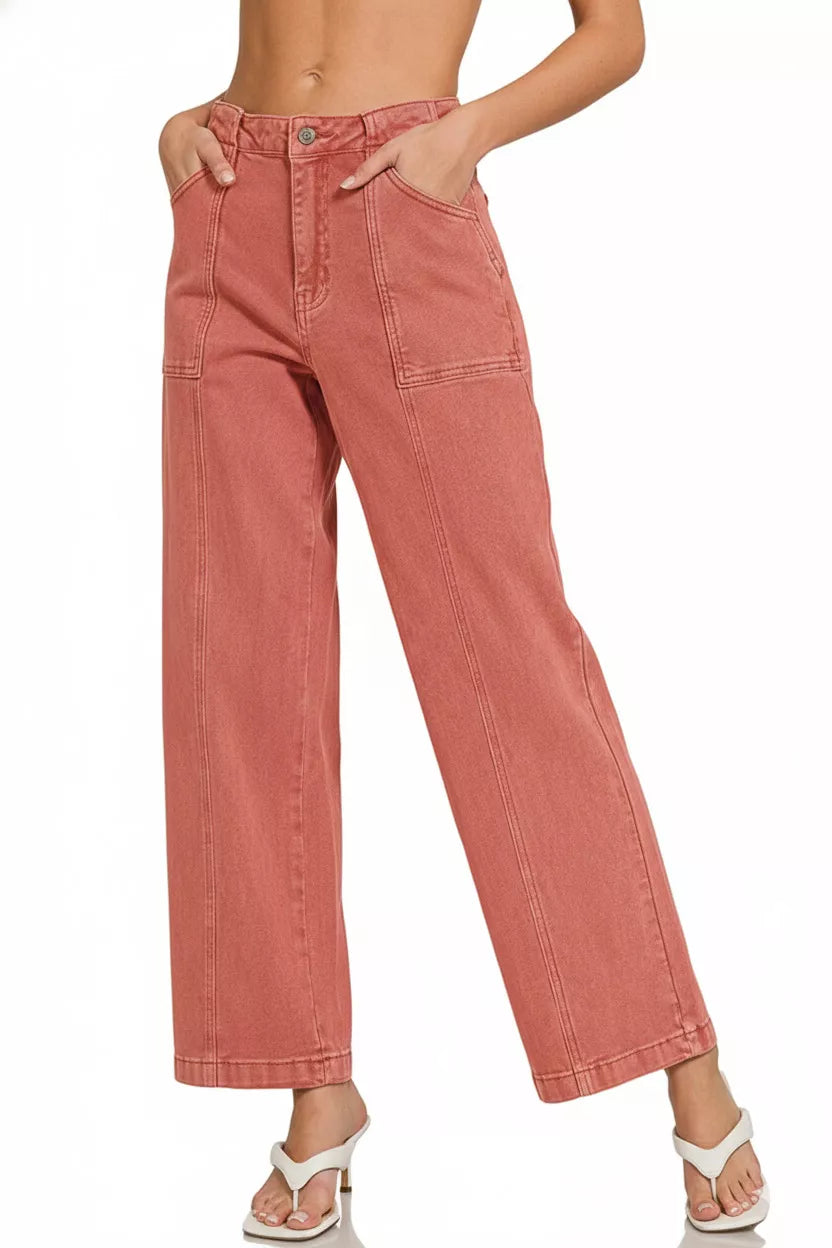 High rise straight leg utility jeans in cabernet wash with front pockets