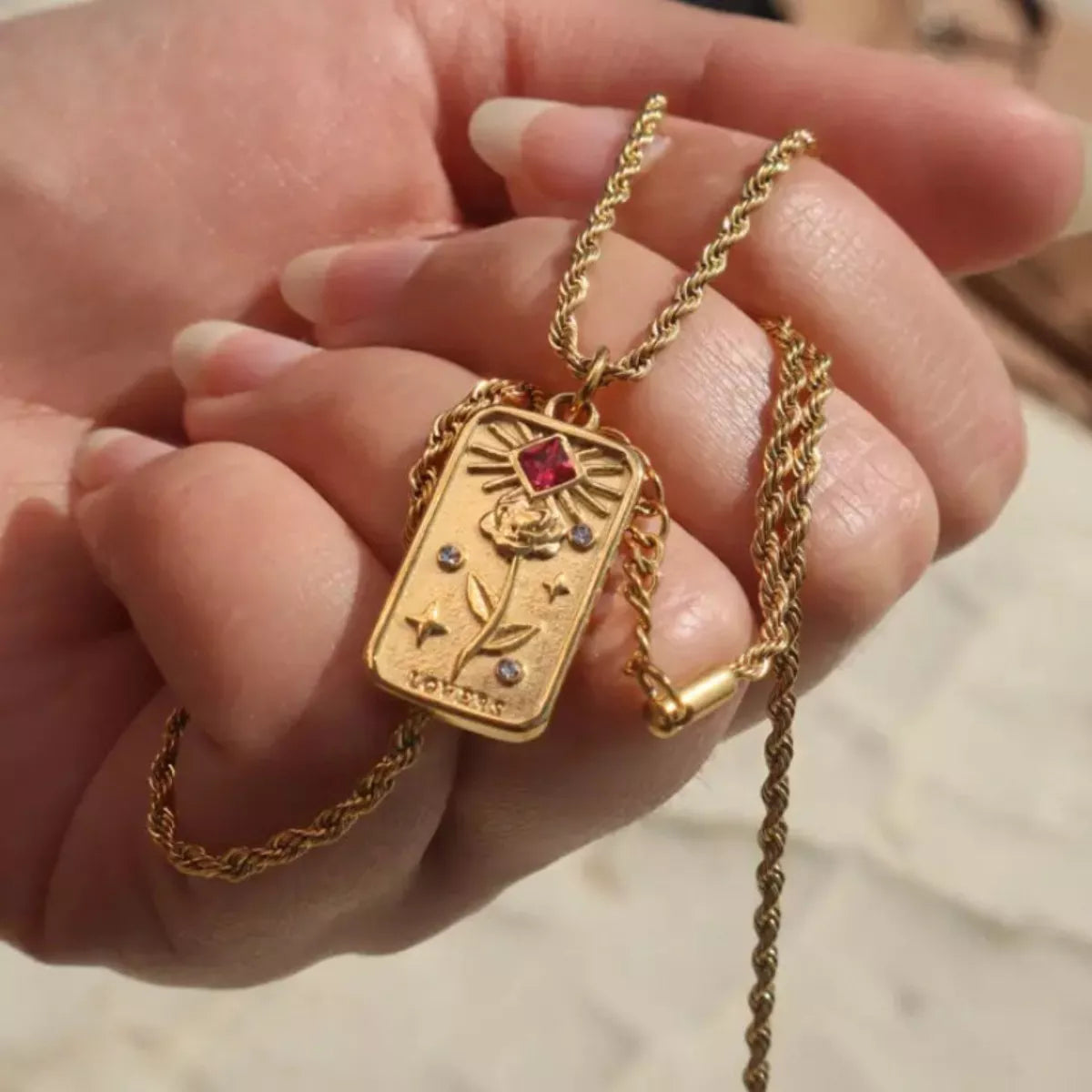 18K gold-plated tarot card necklace with rose and zircon accents – Lovers design.