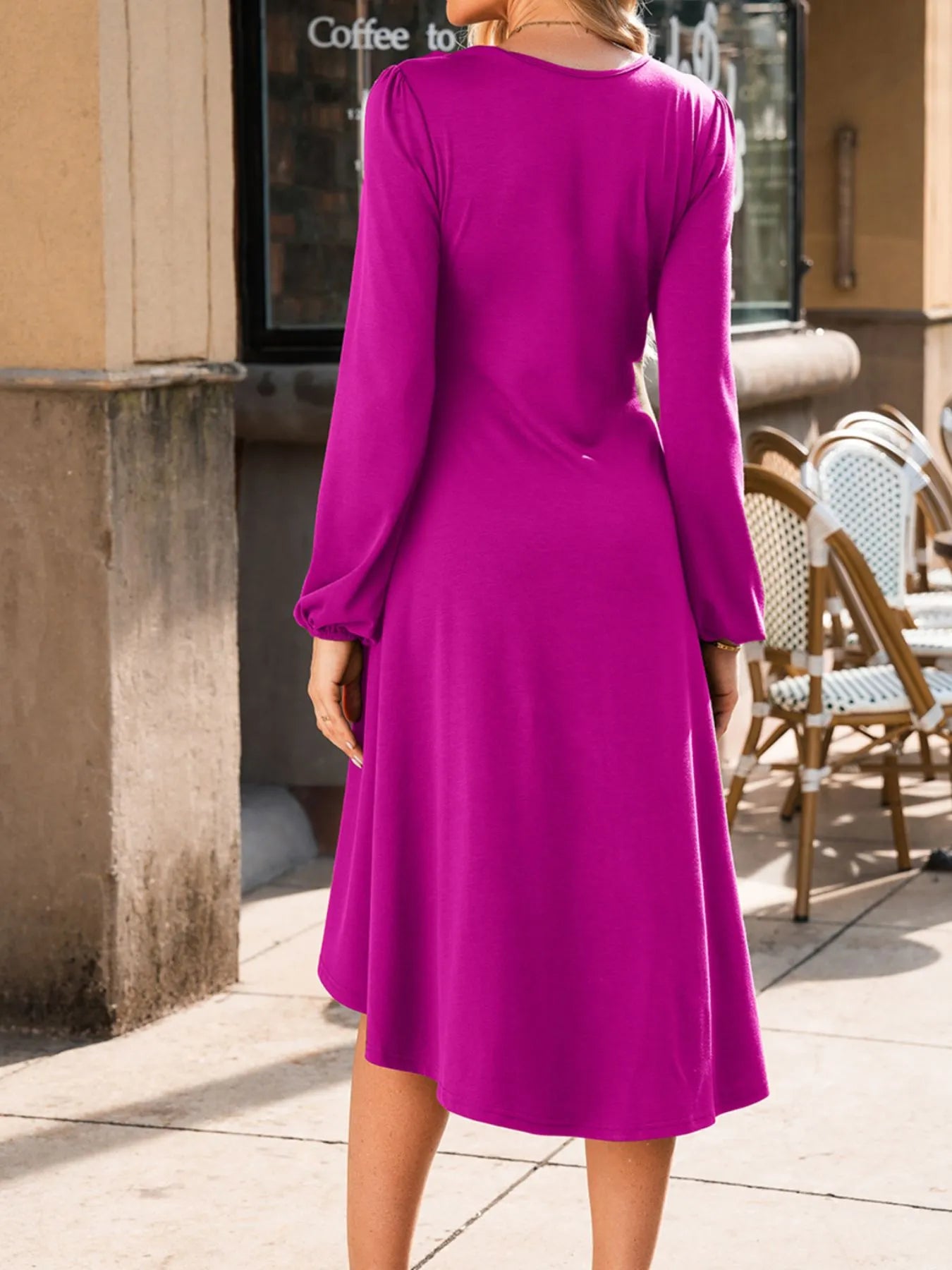 Long sleeve ruched midi dress in coffee brown, cerise, and deep red – Velvet Roast style from A Whimsical Affair.