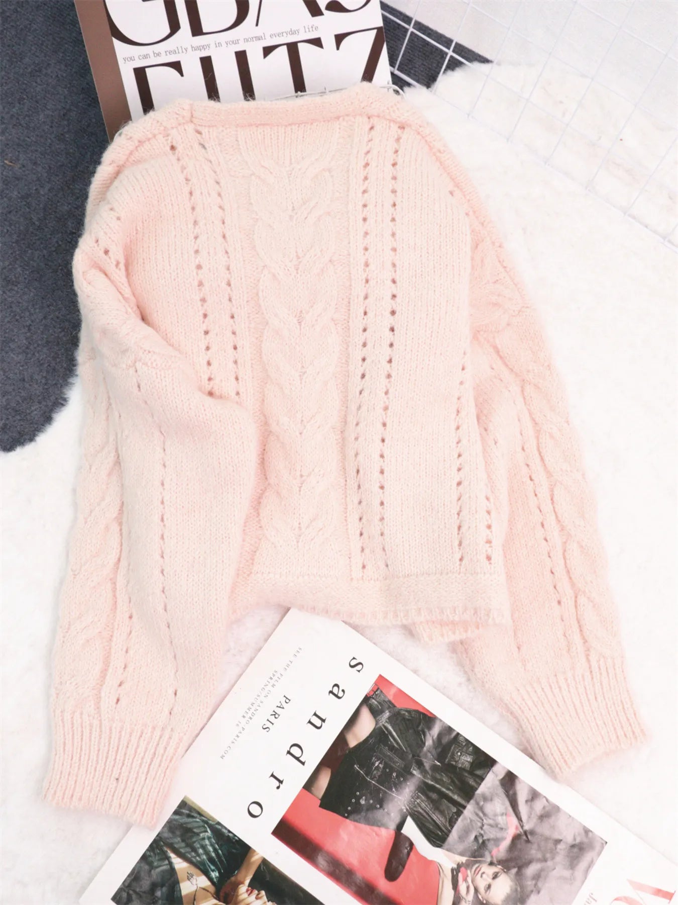 Pink cable knit button-up cardigan – Cloudside style from A Whimsical Affair.
