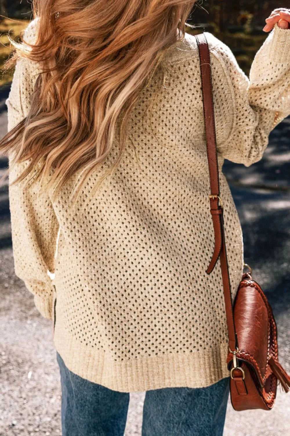 Boutique V-neck textured knit sweater with relaxed fit for fall layering