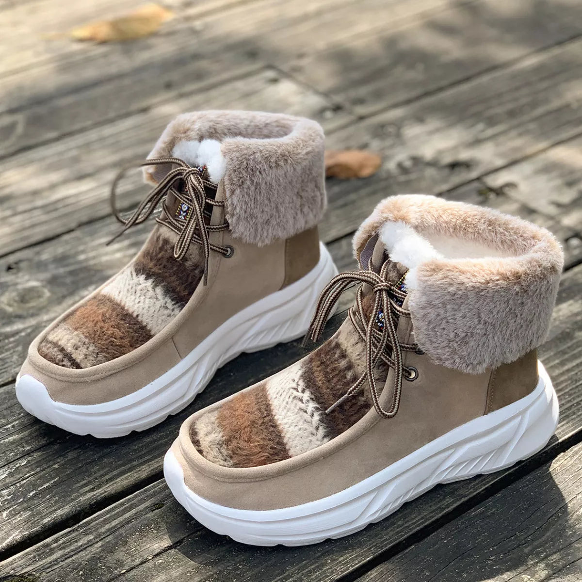 faux fur lace-up ankle boots with suede exterior and cushioned white sole