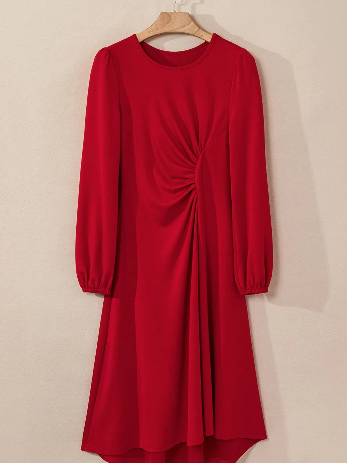Long sleeve ruched midi dress in coffee brown, cerise, and deep red – Velvet Roast style from A Whimsical Affair.