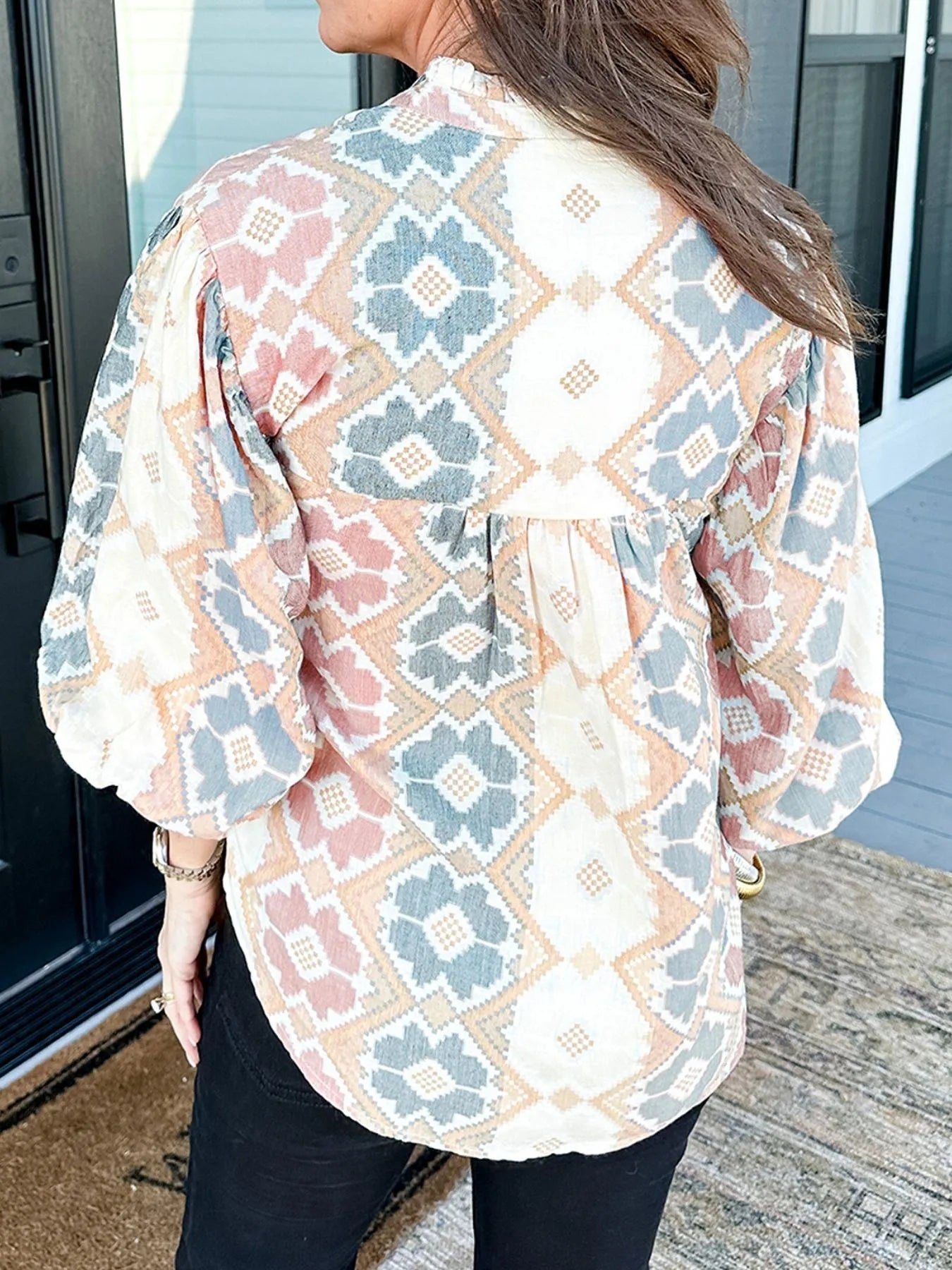 Bohemian geometric print blouse with frilled neckline and tassel tie – Desert Dunes style from A Whimsical Affair.