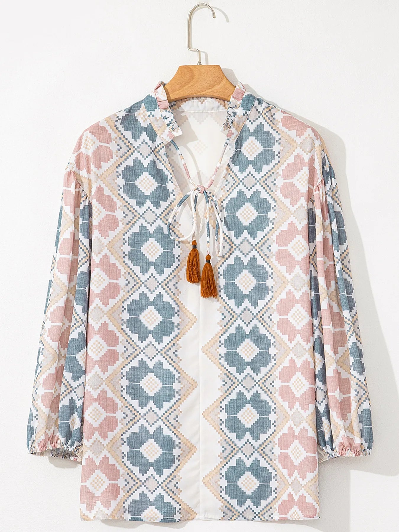 Bohemian geometric print blouse with frilled neckline and tassel tie – Desert Dunes style from A Whimsical Affair.