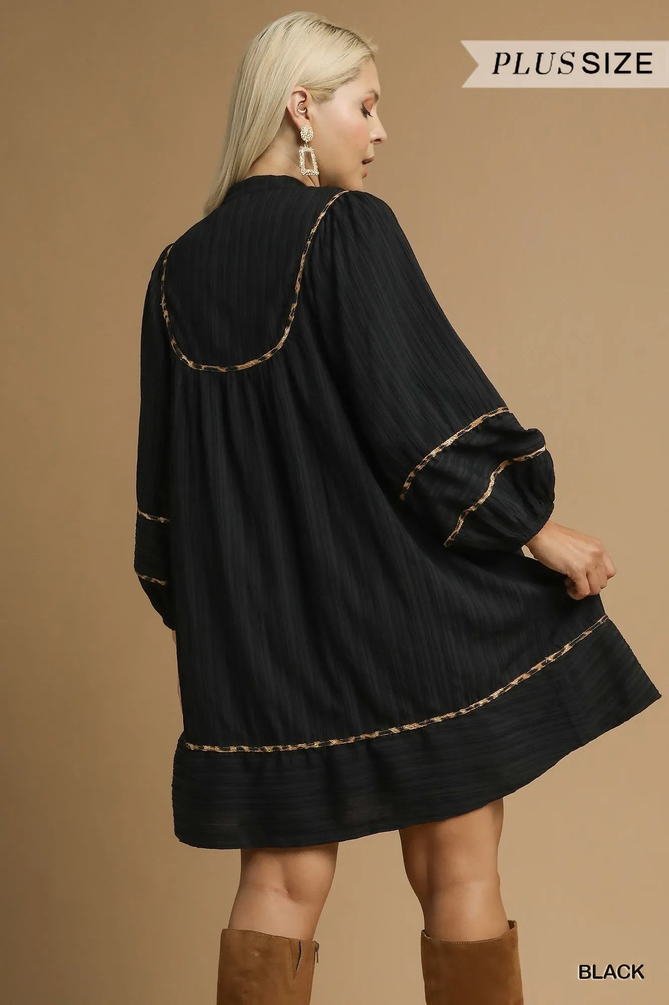 Plus size black textured babydoll dress with leopard print trim – Eclipse style from A Whimsical Affair.
