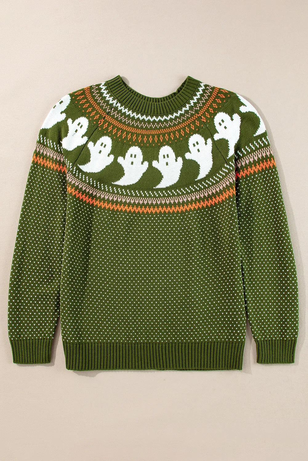 Ghostly Glow Sweater – green round neck knit with ghost motif by SYNZ, Halloween fall sweater.