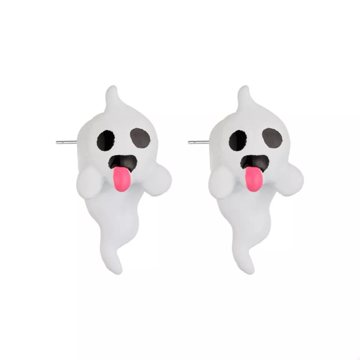 Close-up of a woman wearing glow-in-the-dark ghost earrings featuring white resin ghosts with pink tongues — spooky cute Halloween jewelry from A Whimsical Affair.