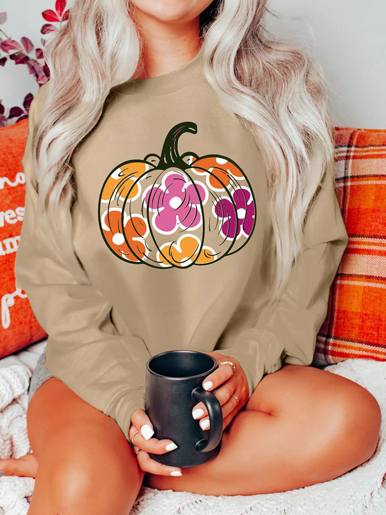 Khaki sweatshirt with retro floral pumpkin graphic – Groovy Gourd style from A Whimsical Affair.