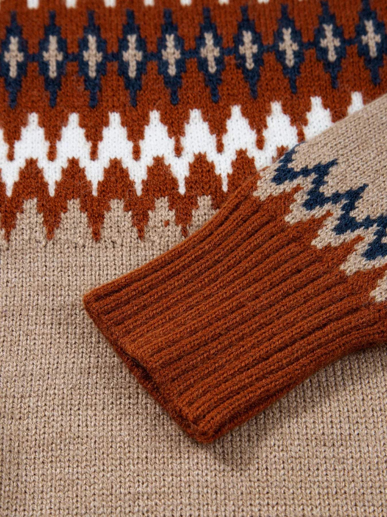 Fair Isle knit sweater with neutral geometric pattern