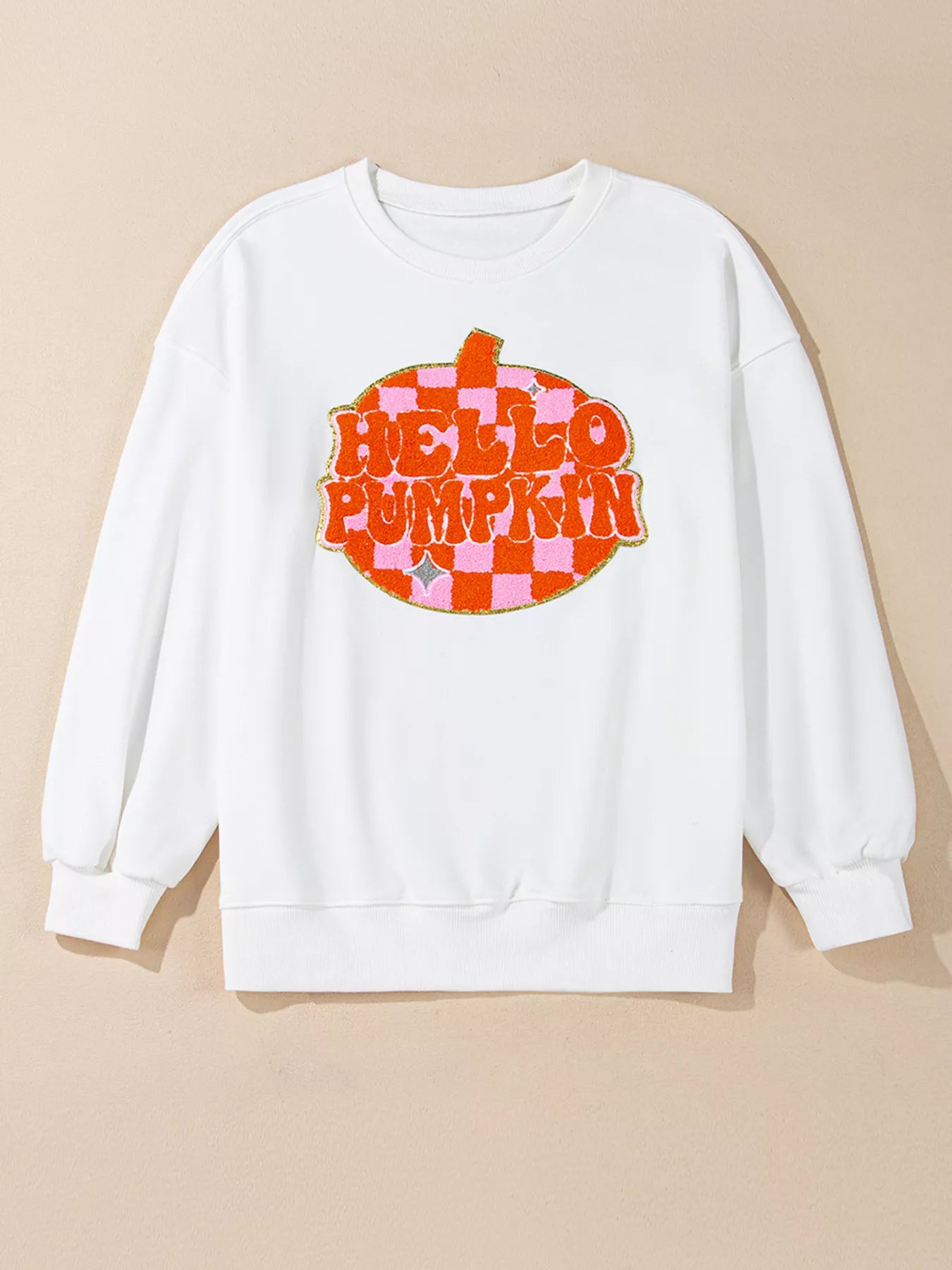 White sweatshirt with retro “Hello Pumpkin” lettering inside checkerboard pumpkin graphic – Retro Pumpkin style from A Whimsical Affair.
