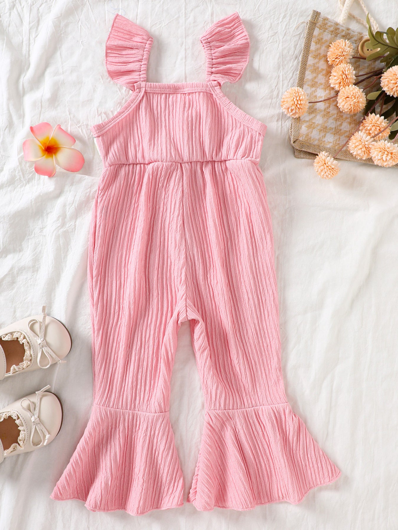 Kids bell-leg jumpsuit with crochet patchwork bodice and flutter straps