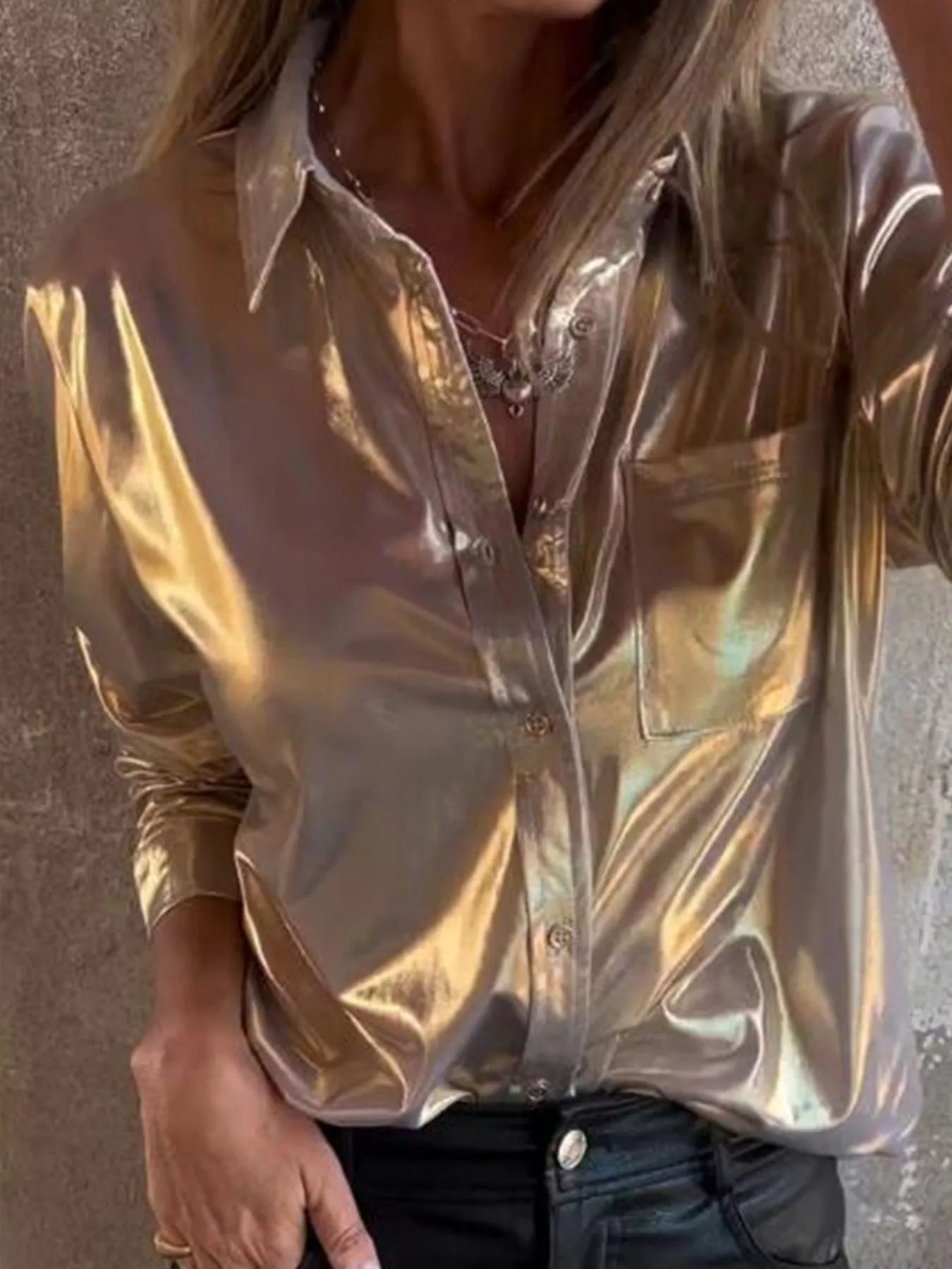 Lustre Luxe Button-Down Shirt in apricot with glossy finish