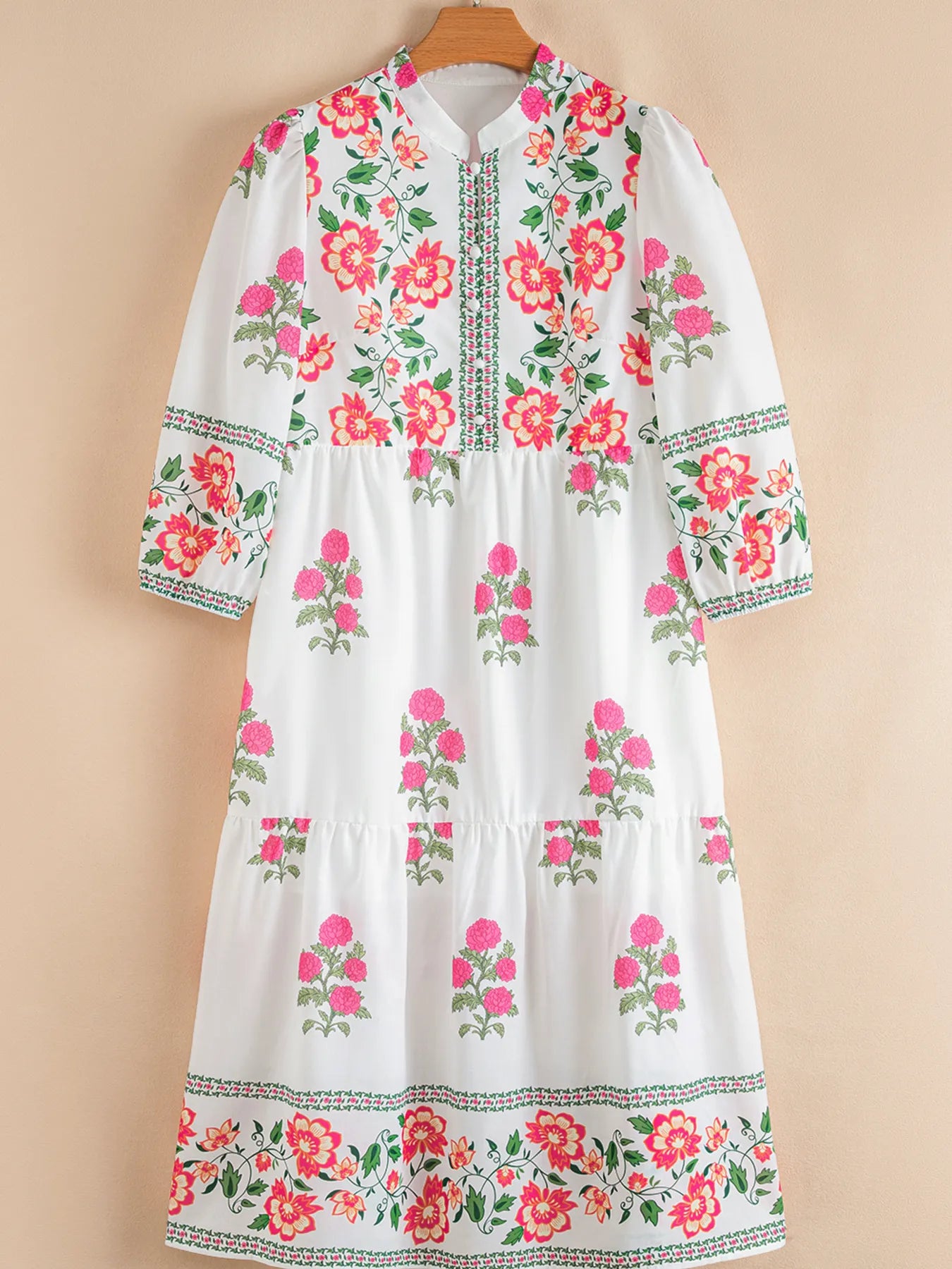 Boho floral maxi dress with mandarin neck, half-button front, and 3/4 sleeves – Meadow Muse style from A Whimsical Affair.
