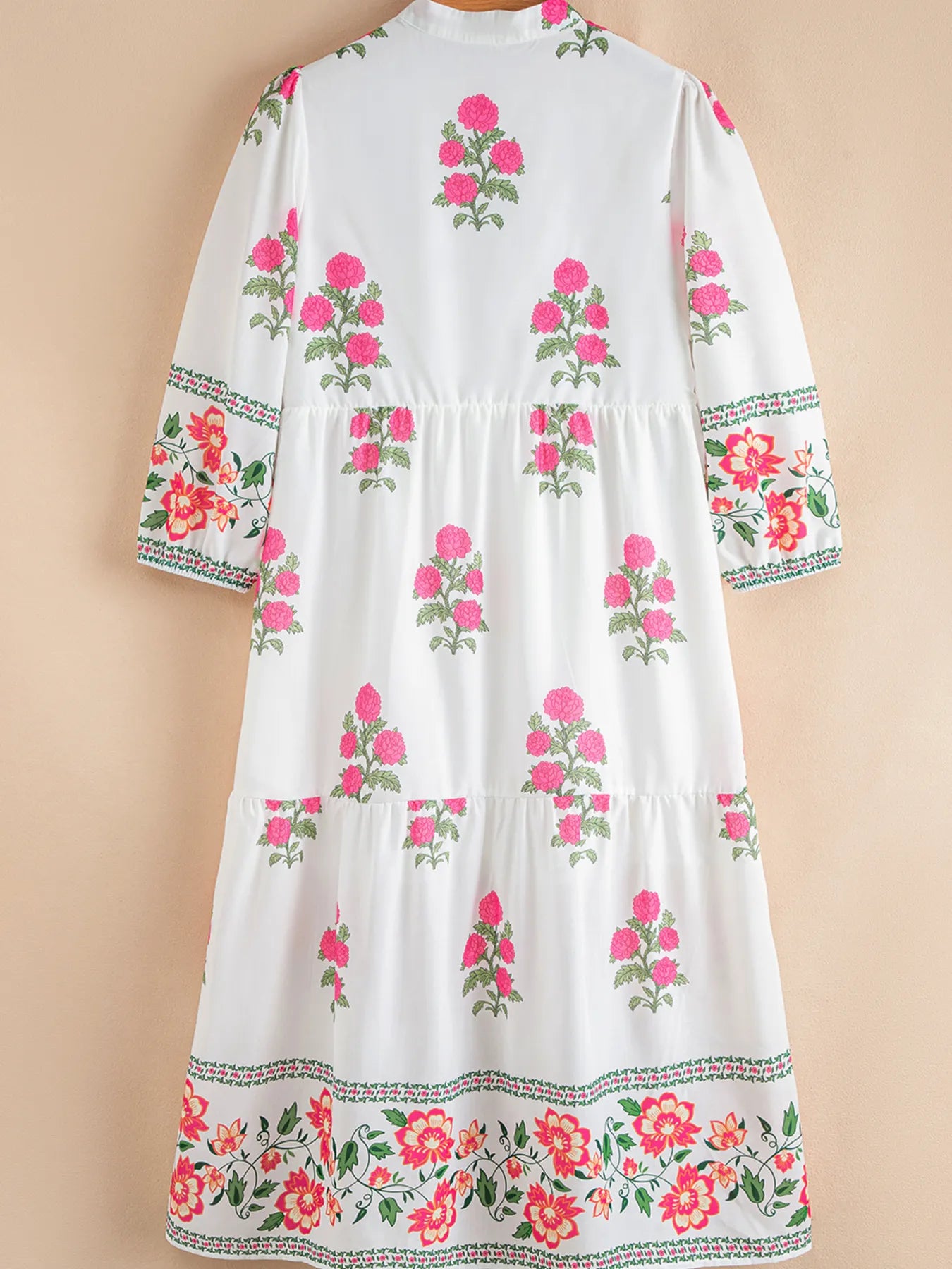 Boho floral maxi dress with mandarin neck, half-button front, and 3/4 sleeves – Meadow Muse style from A Whimsical Affair.