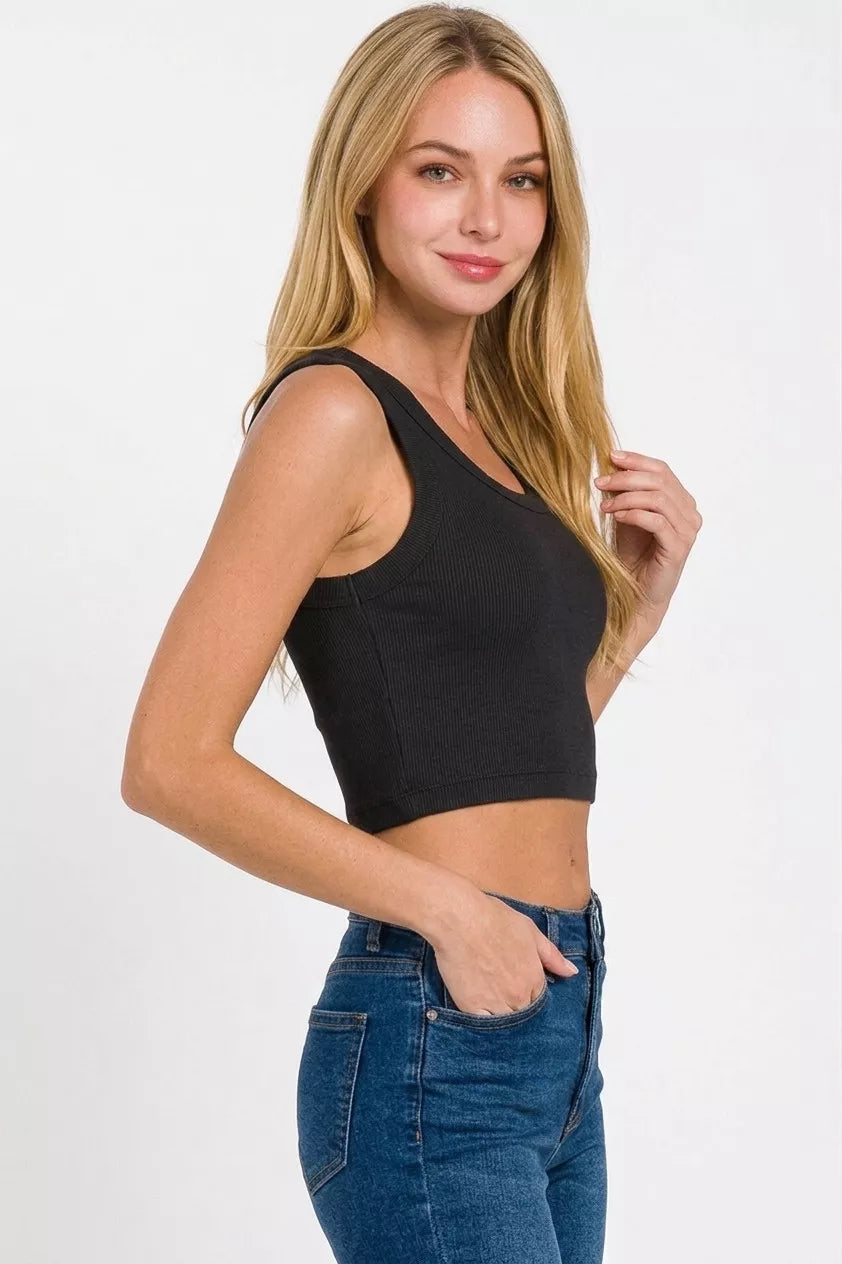 Black ribbed cropped tank top with scoop neckline