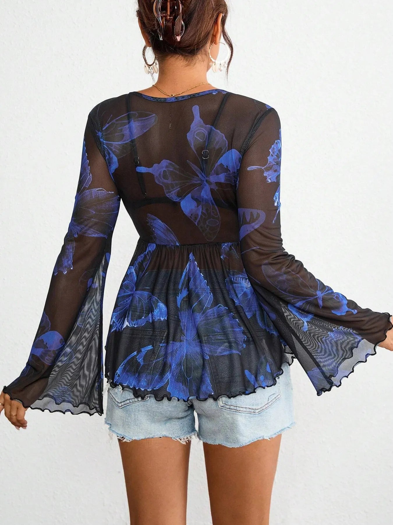 Moonlit Muse Blouse – sheer tie-front flare sleeve top in deep navy blue.