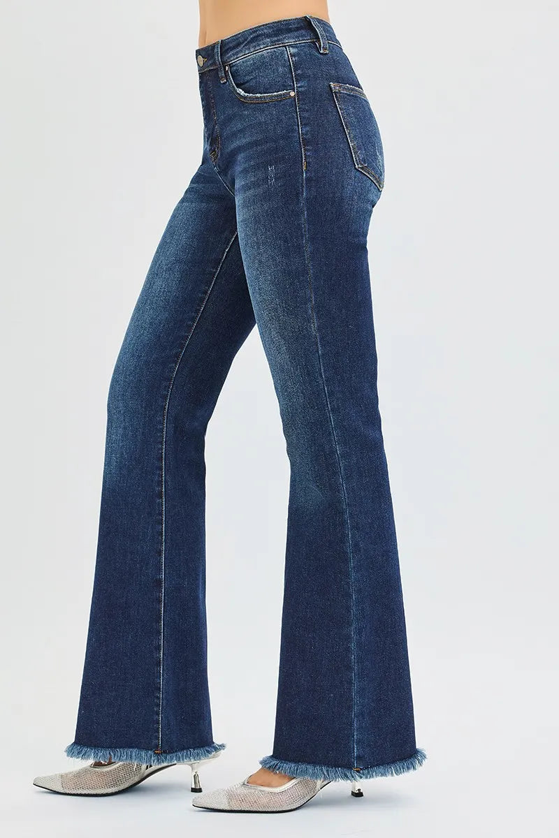 Moonrise Control Flare Jeans – mid rise denim with tummy control fit and raw hem flare legs from A Whimsical Affair.