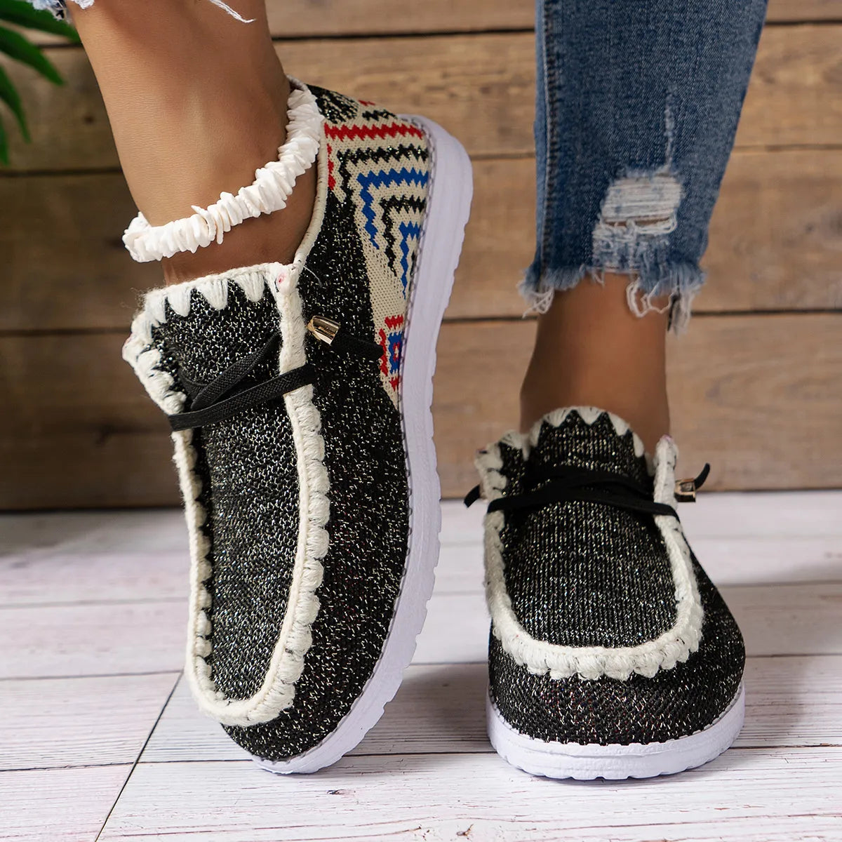 Nomad Steps Round Toe Flats – boho canvas flats with round toe, geometric print, and stitched trim.