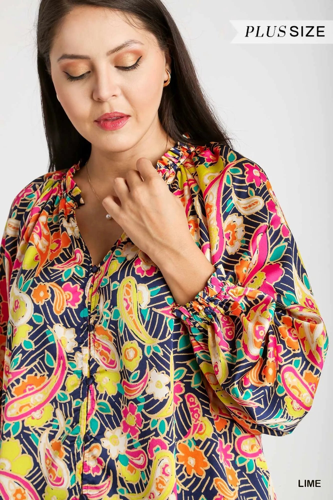 Paisley Daydream Blouse by Umgee – satin paisley print button-up top with ruffle neck and balloon sleeves in multicolor.