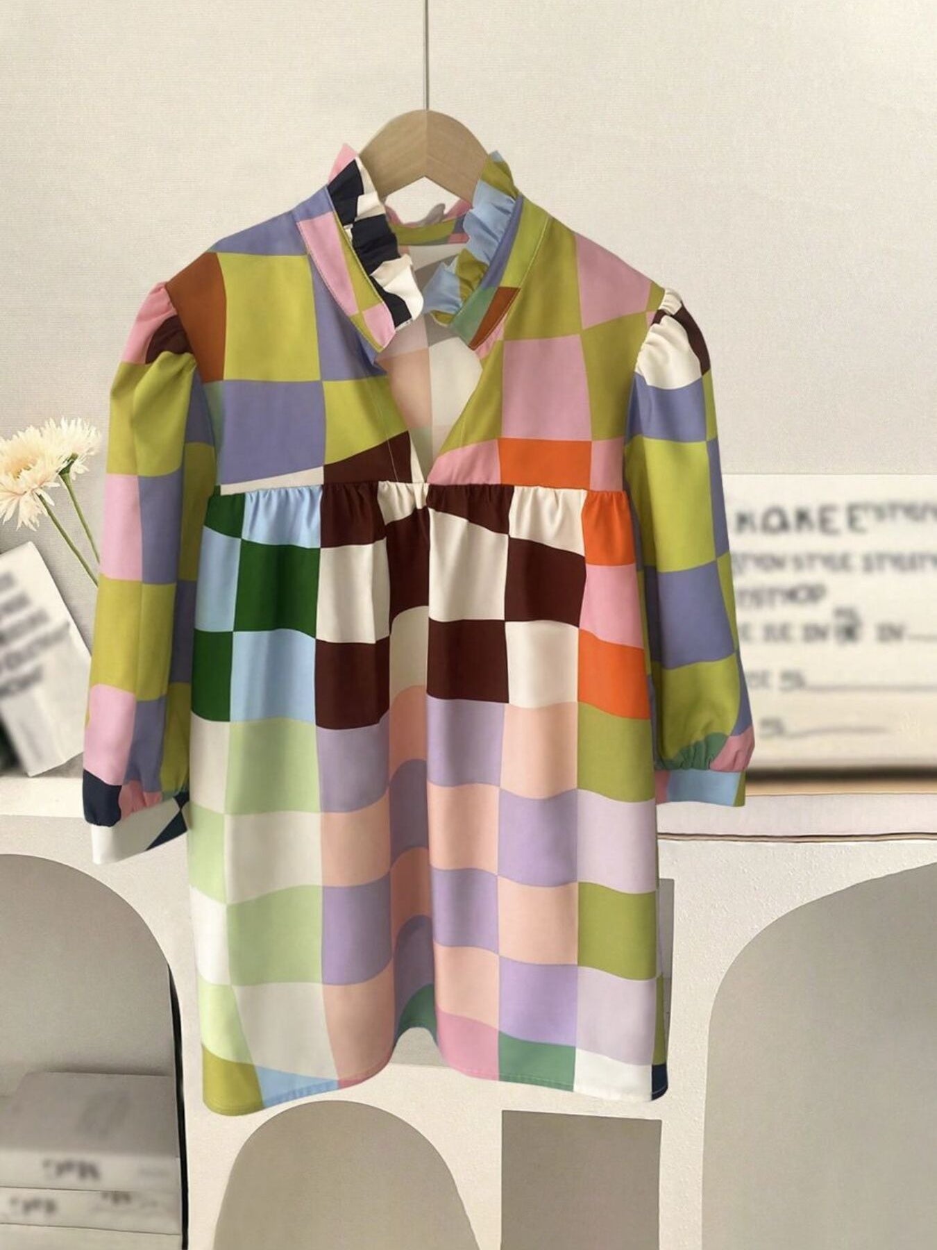Multicolor patchwork blouse with frill collar and relaxed fit
