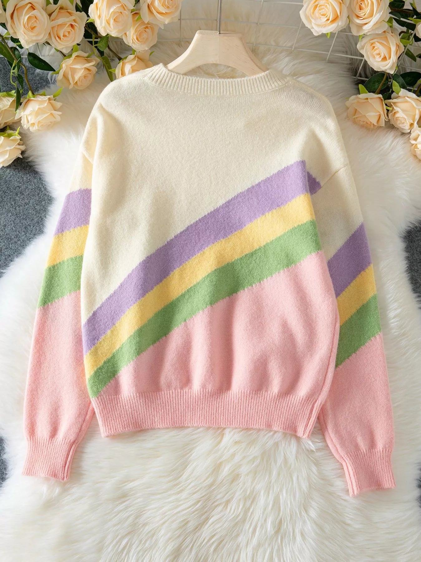 Drop-shoulder sweater with pastel sunset stripes and button detail – Pastel Sunset style from A Whimsical Affair.