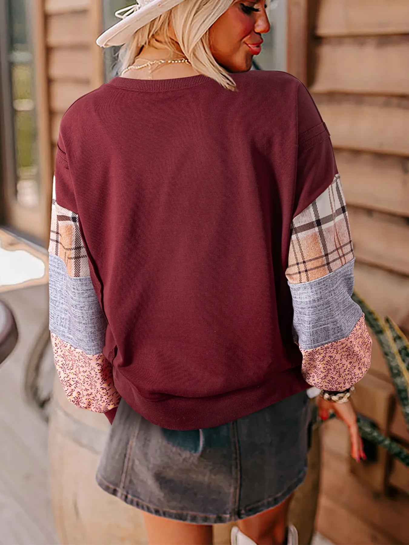 Wine-colored oversized sweatshirt with mixed patchwork plaid and textured sleeves – Patchwork Charm style from A Whimsical Affair.