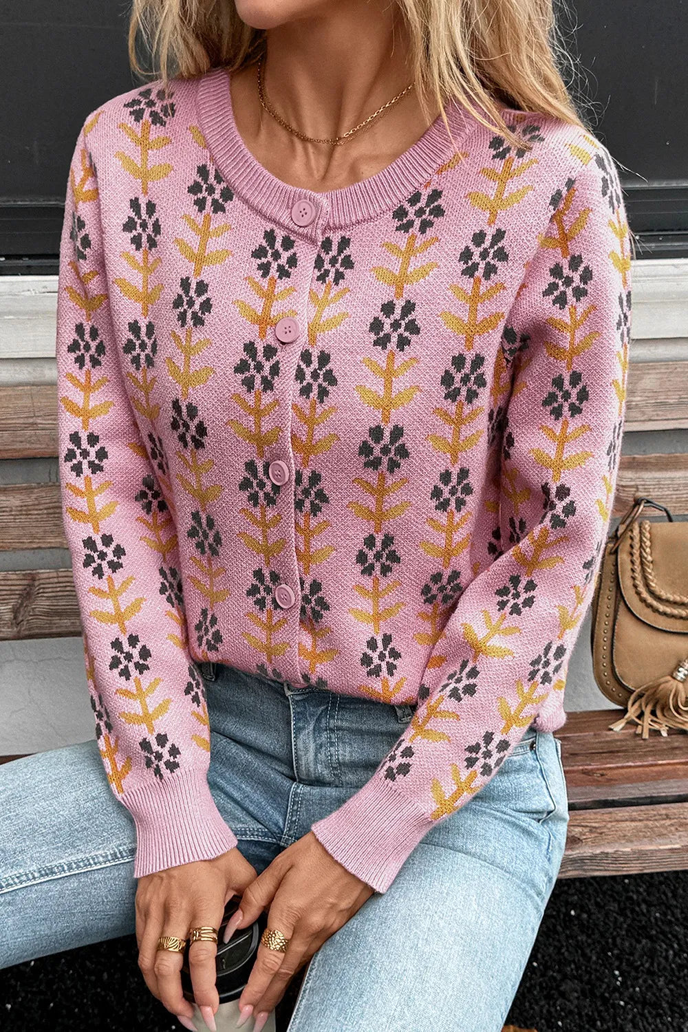Dusty pink floral knit button-up cardigan – Petal Bloom style from A Whimsical Affair.