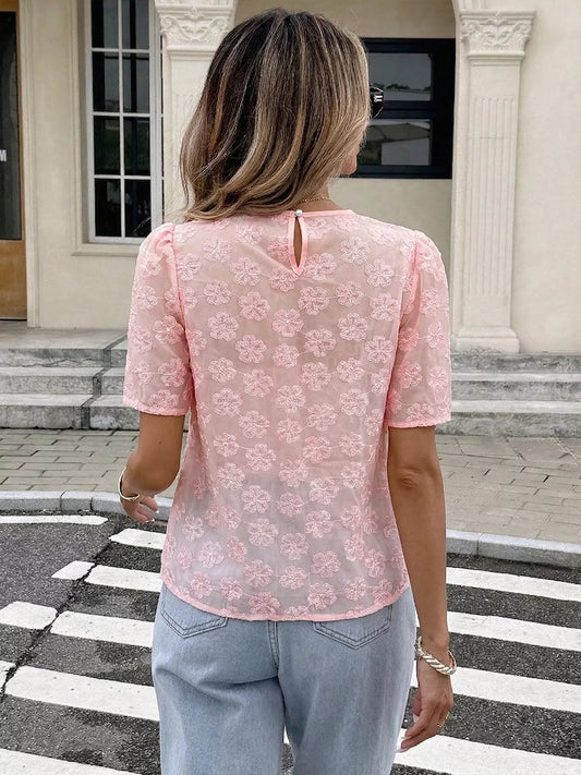 Pink sheer floral embroidered blouse with pearl neckline trim
