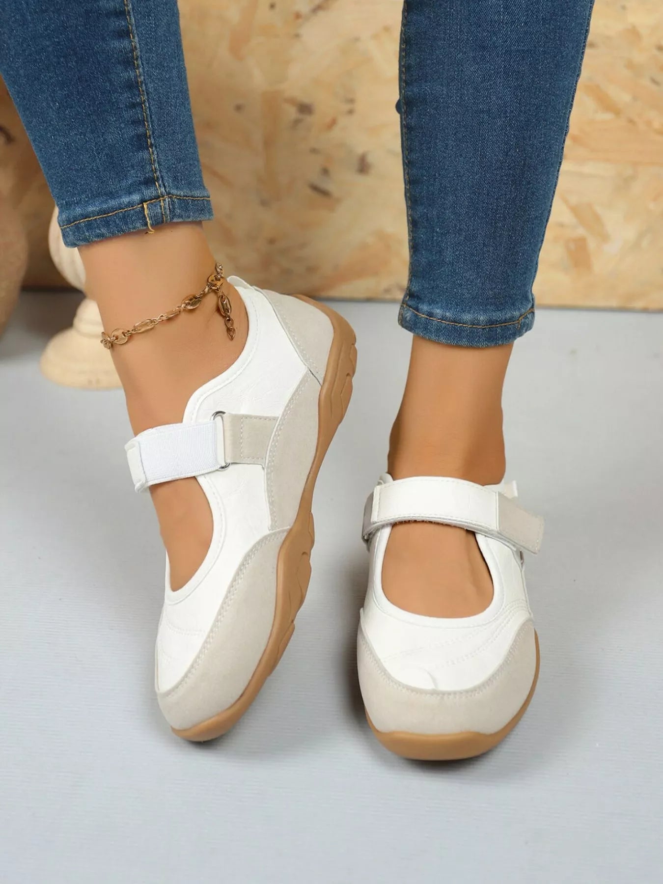 White round toe flats with velcro strap – Petal Walk style from A Whimsical Affair.