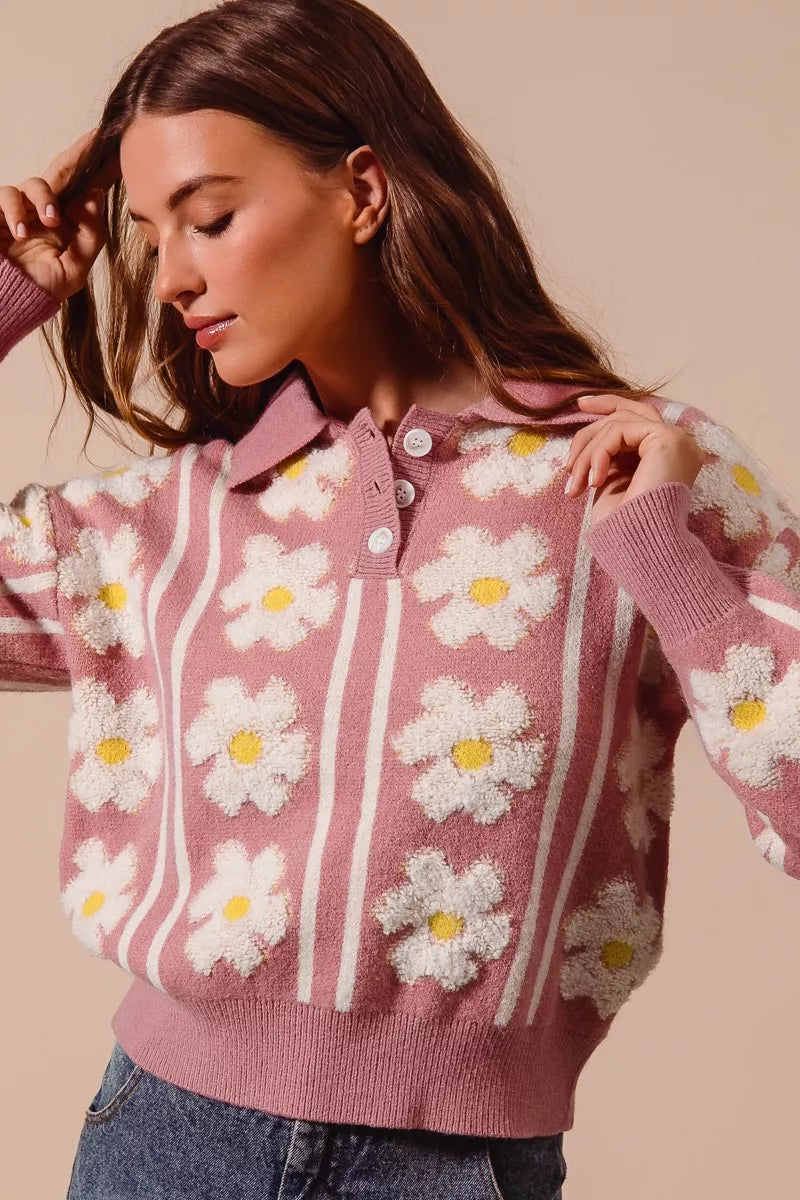 Pink floral stripe sweater with polo collar and buttoned neckline – Pink Verve style from A Whimsical Affair.