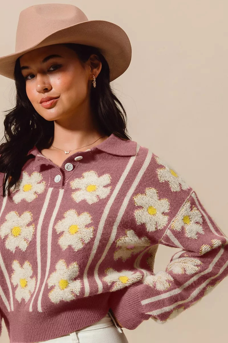 Pink floral stripe sweater with polo collar and buttoned neckline – Pink Verve style from A Whimsical Affair.